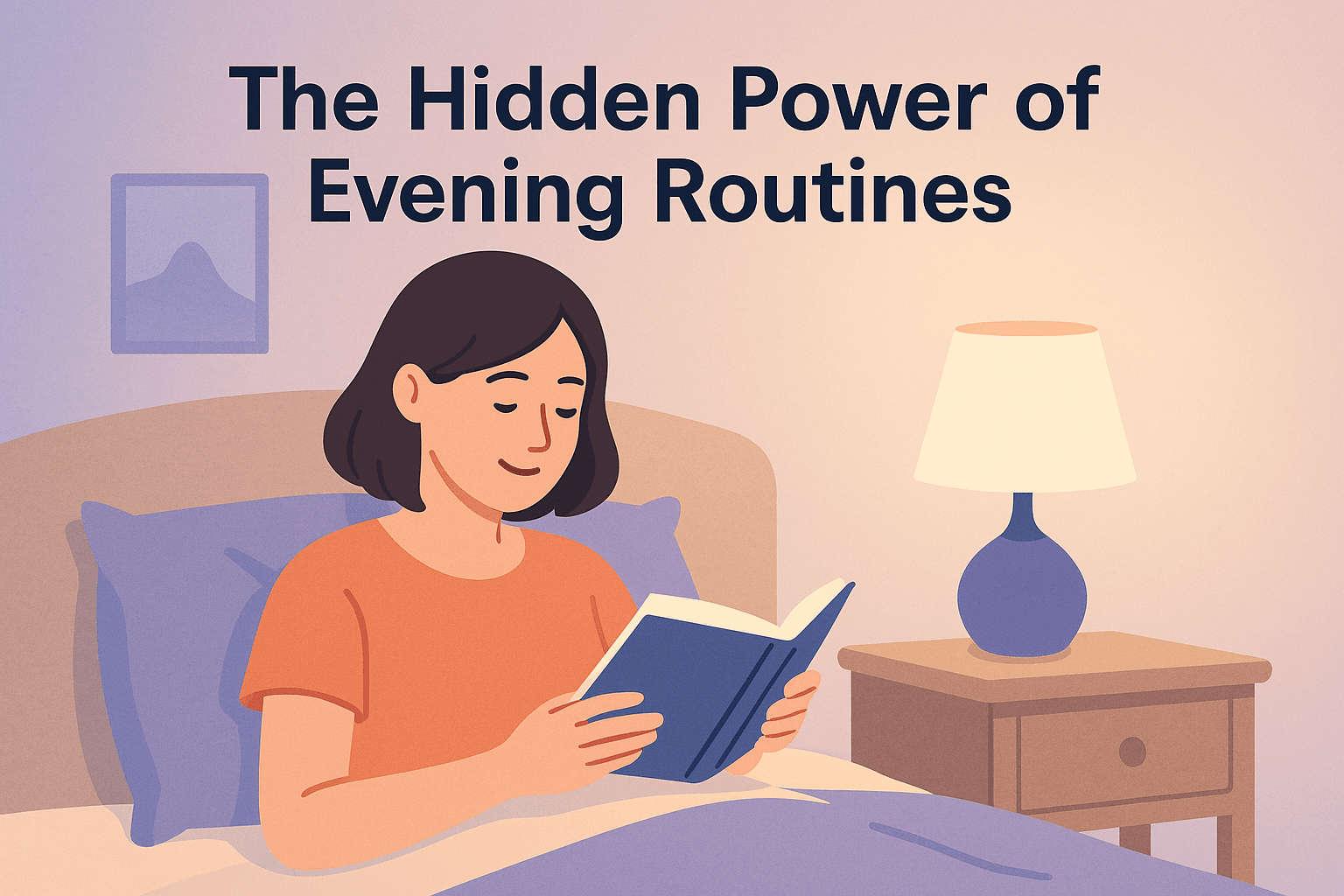 Illustration of a person winding down for bed with a book, dim lighting, and a calm atmosphere