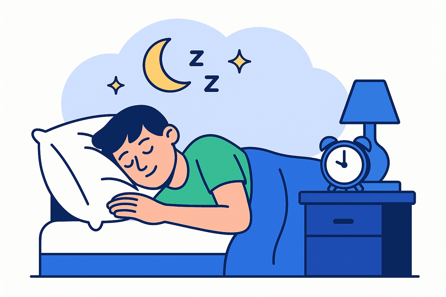 Illustration of a person peacefully sleeping with calm colors and a nightstand nearby