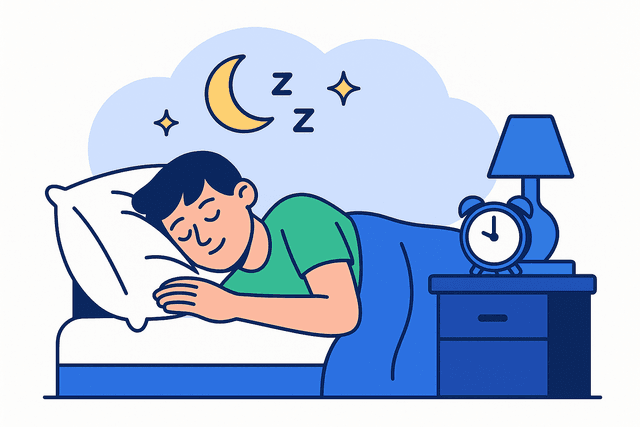 Illustration of a person peacefully sleeping with calm colors and a nightstand nearby