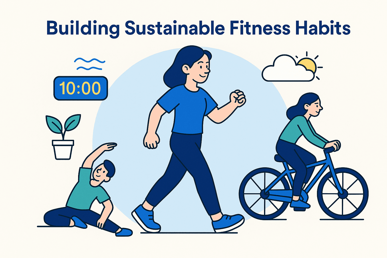 Illustration of a person engaging in various physical activities like walking, stretching, and cycling